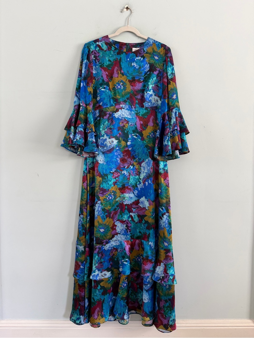 NWT Liberty Artist's Bouquet Silk Satin Blue Floral Gala Maxi Dress - Picture 5 of 10